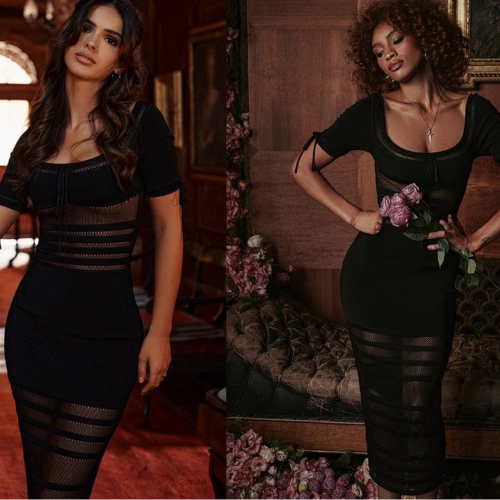 House of CB “Lilla” dress. Black openwork midi dress